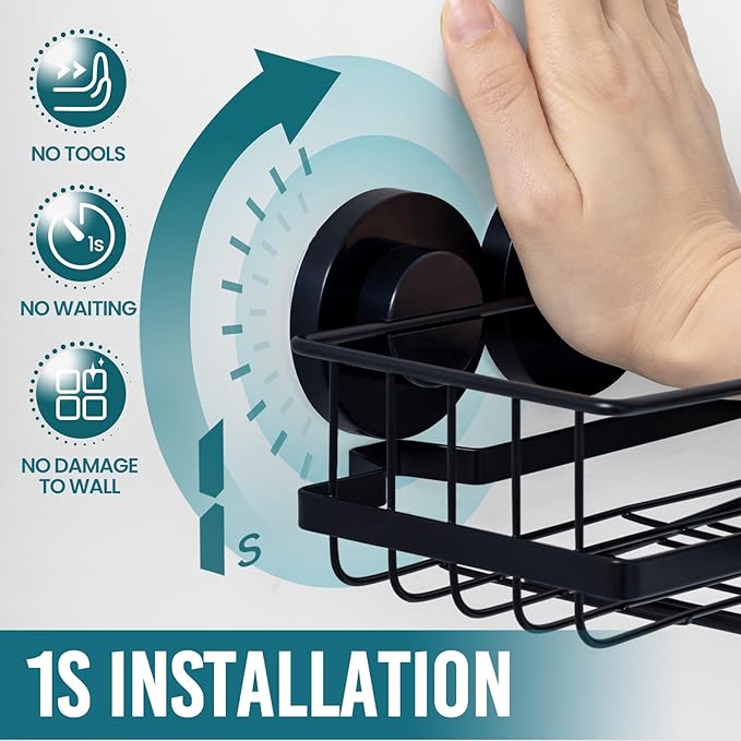 TAILI 2 Pack Corner-adaptive Suction Cup Shower Caddy, Stainless Steel Rustproof Corner Shower Shelves, Large Capacity, Removable Suction Cup Bathroom Organizer, Drill-Free Wall Mounted Baskets, Black
