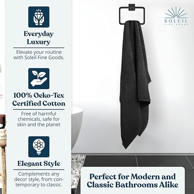 Soleil Fine Goods Luxurious 800 GSM 100% Cotton Bath Towel Set (4-Pack, 27x54) - Heavyweight & Ultra Absorbent, Plush Softness for Bathroom | Hotel & Spa Quality Luxury Towels- Charcoal