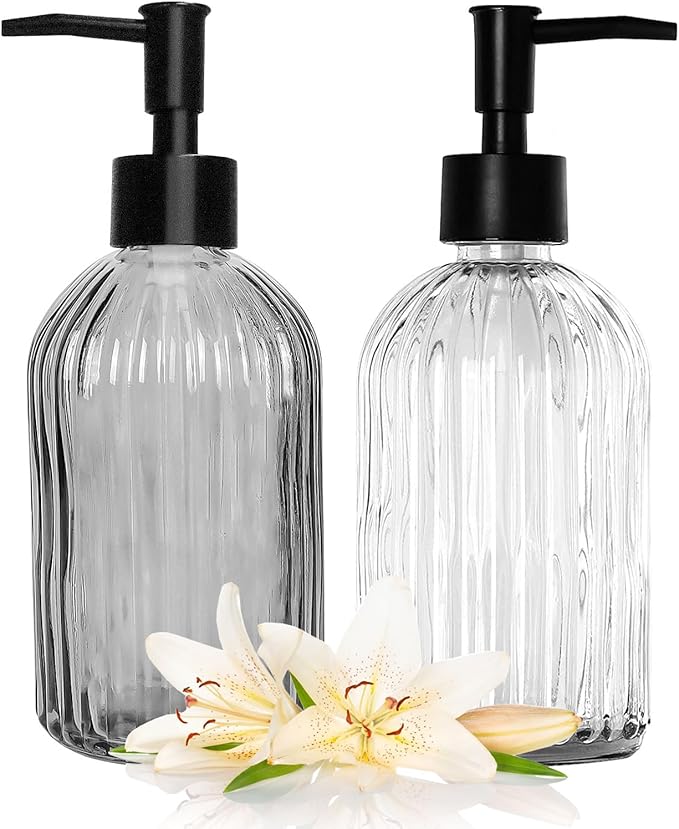 Black & Clear Glass Soap Dispenser with Plastic Pump, 13.5oz Vertical Stripe Design Hand Soap Dispenser for Dish Wash, Refillable Lotion Dispenser for Bathroom and Kitchen