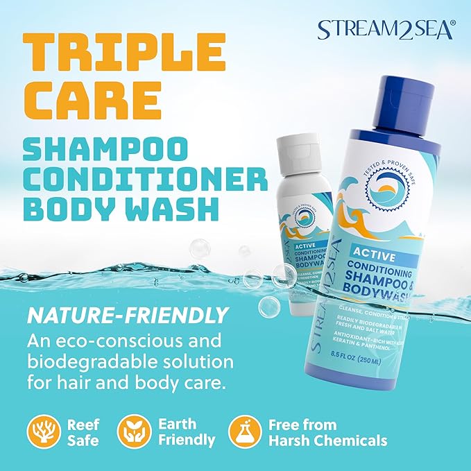 Non Toxic Shampoo and Conditioner, Body Wash 3 in 1 for Swim - Reef Safe Swimmers Shampoo for Men, Women Kids - All Natural Organic Shampoo Conditioner, Biodegradable Soap Camping Travel Size 1.69oz
