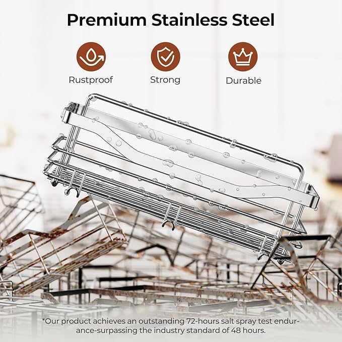 Orimade Shower Caddy Basket Shelf Storage Rack Pack of 2, No Drilling Wall Mounted Adhesive Rust Proof Stainless Steel Shower Organizer with 5 Hooks for Bathroom, Toilet, Kitchen