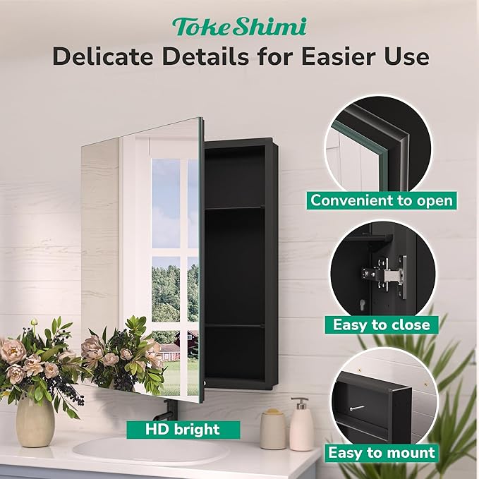 TokeShimi 40x26 Bathroom Medicine Cabinet with Mirror Tempered, Aluminum Black Mirrored Medicine Cabinet Recessed or Surface Mount with Adjustable Storage Metal for Modern Farmhouse