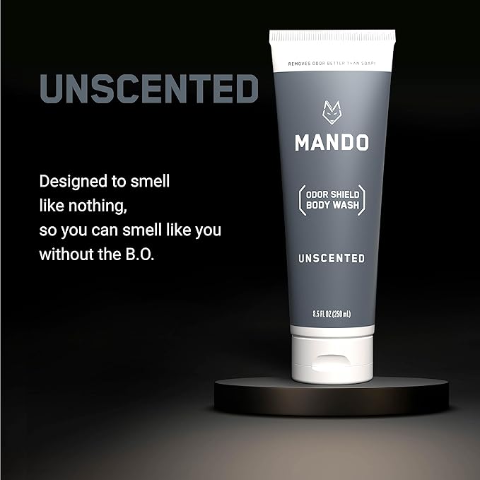 Mando Odor Shield Body Wash - 24 Hour Control - Removes Odor Better than Soap - SLS Free and Paraben Free, Skin Safe - 8.5 Ounce (Unscented)
