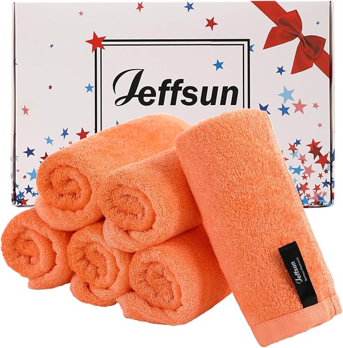 Face Towels 6 Pack, Extra Large 13x13 inch Orange Wash Cloths for Face and Body, Super Soft and Absorbent Bath Washcloths on Sensitive Skin, Easy to Clean Quick Dry Facial Cleaning Cloths with Loop