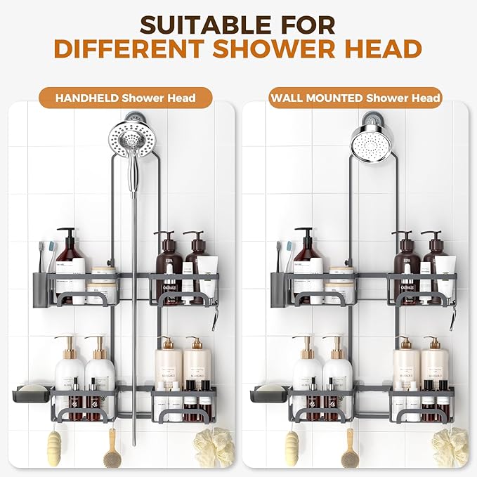 REINHARDT Adjustable Shower Caddy Hanging Split Shower Caddy for Handheld Showerheads, Rustproof Shower Organizer with Hooks for Razors Over the Head Caddy with Soap Holder Bathroom Accessories, Grey