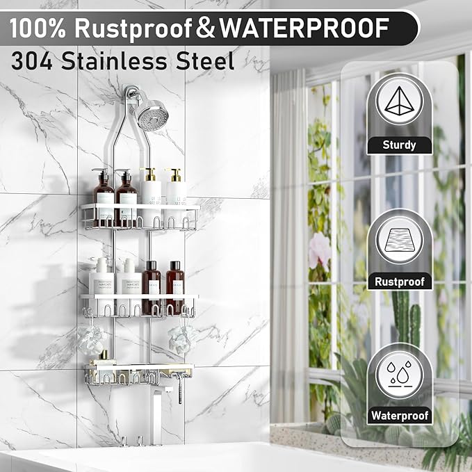 Shower Caddy,Rustproof Shower Shelves Over Shower Head,Triple Adjustable Storage,Silver