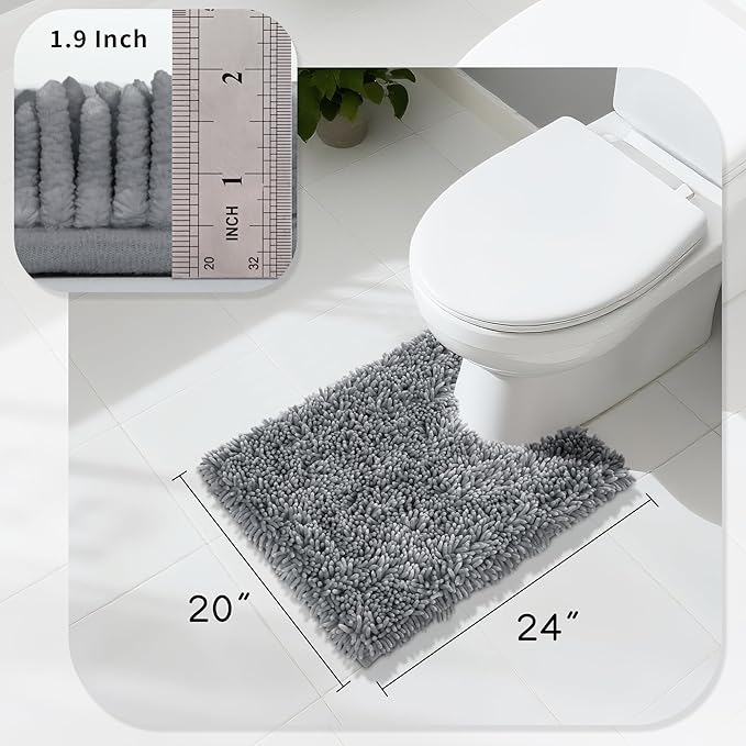 Yimobra Toilet Rugs U Shaped Washable, Extra Thick Soft Absorbent Chenille Contour Bathroom Rugs for Toilet 24x20 Inch, Quick Dry Non Slip Toilet Mat for Bath Floor, Silver