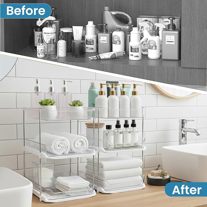 Bathroom Organizers And Storage – With Multipurpose Holder, 2 Sets of 3-Tiers Stackable Under Sink Bathroom Drawer Organizer Multi-Purpose Pantry Organizer And Kitchen Organization With Dividers