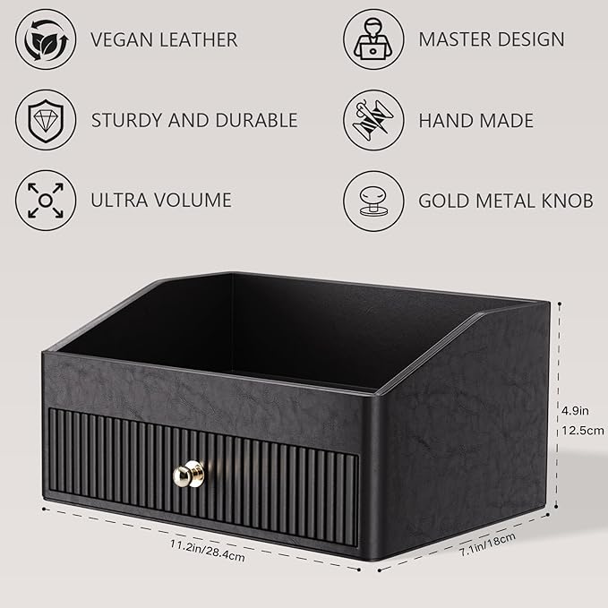 Vanity Organizer,Leather Skin Organizers with 1 Drawer&Tray,Large Capacity Black Vanity Organizers and Storage for Lipstick,Bedroom,Bathroom,Mothers Day Gifts,Gift for Women