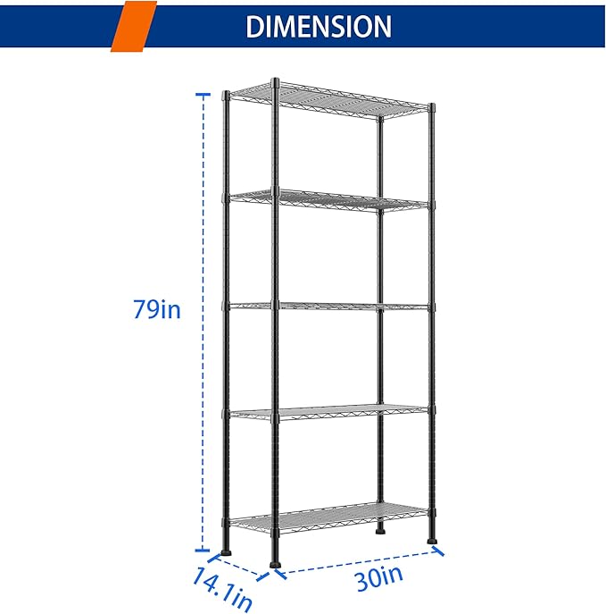 REGILLER 5-Wire Shelving Metal Storage Rack Adjustable Shelves,Standing Storage Shelf Units for Laundry Bathroom Kitchen Pantry Closet(Black,14.1" D x 30" W x 79" H)