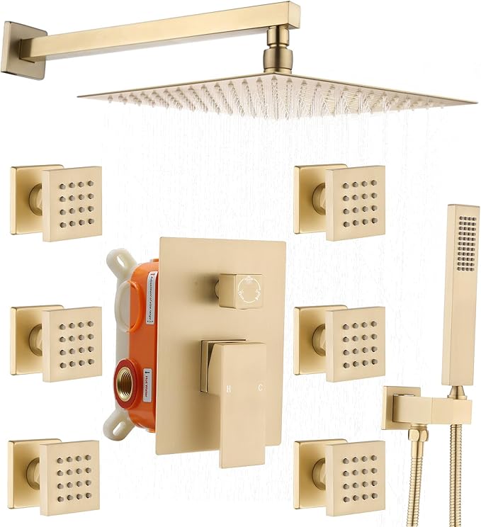 Enga Brushed Gold Rain Shower System with Body Jets, 12 inch Rain Shower Body Spray Jets System Wall Mounted Shower Faucet Set with 3-Function Brass Shower Valve