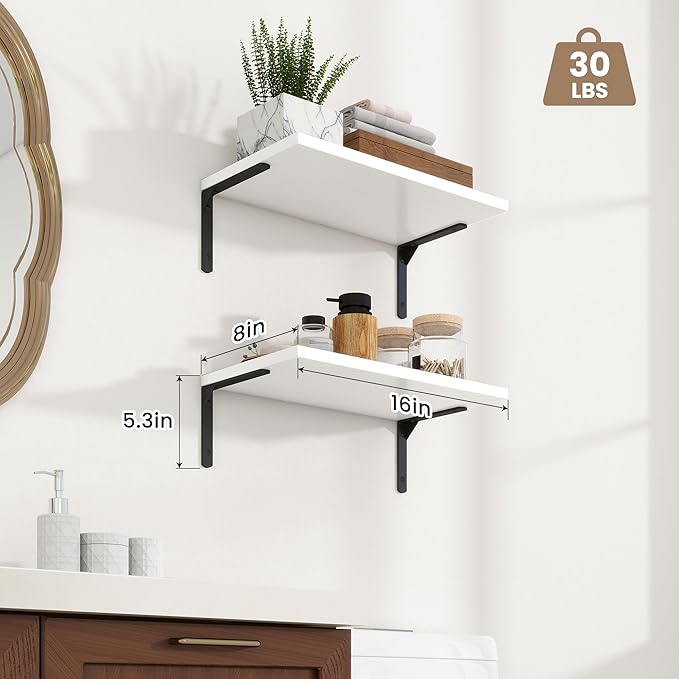 Fun Memories Deep Floating Shelves, 16W x 8D Floating Shelves Set of 2, Wall Mounted Shelf with Metal Brackets, Rustic Wood Wall Shelf for Bathroom, Kitchen and Living Room, White