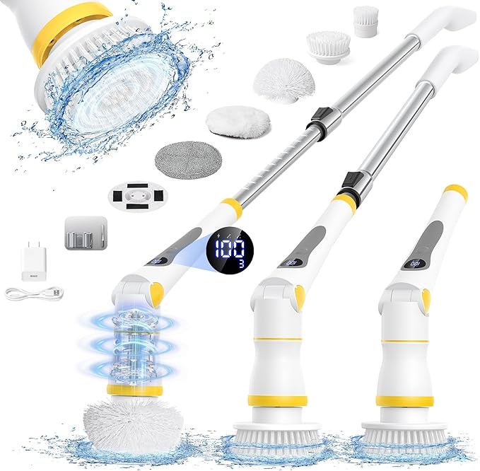 Electric Spin Scrubber, Cordless Cleaning Brush with LED Display, 4 Adjustable Angles, 3 Speeds, 2H Runtime, Adjustable Handle, 5 Brush Heads for Bathroom Tub Kitchen Tile Floor Car