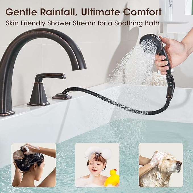 New Roman Tub Faucet with Sprayer, Bathtub Faucet Set Deck Mount, Brass 4 Hole Bath Tub Faucet Set High Flow, with 2 Handle with Valve Diverter with Hoses, 18-24in Widespread Classic Oil Rubbed Bronze