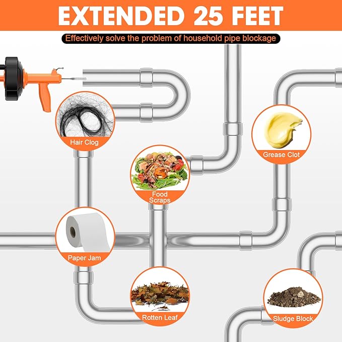Drain Snake, Drain Auger with Drill Attachment, 25 Feet Plumbing Snake Auto Feed Flexible Hair Drain Clog Remover for Kitchen, Bathrom and Shower Sink with Gloves