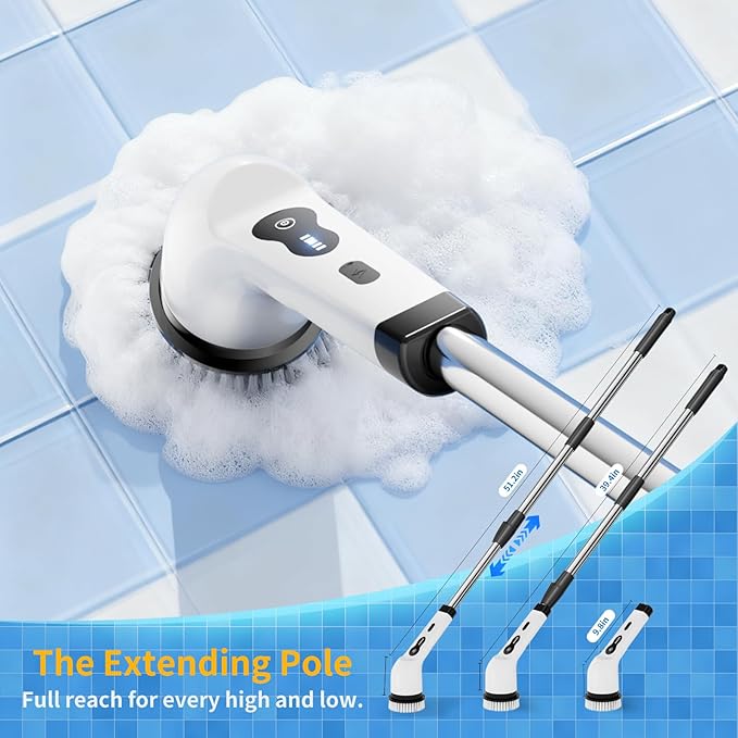 Electric Spin Scrubber, Ultimate Household Cleaning Brush with 90Min Runtime & 8 Heads & 2 Modes- 52in Electric Shower Scrubber Deep Clean for Bathroom Grout, Oven, Shower, Tile & Car, IPX6 Waterproof