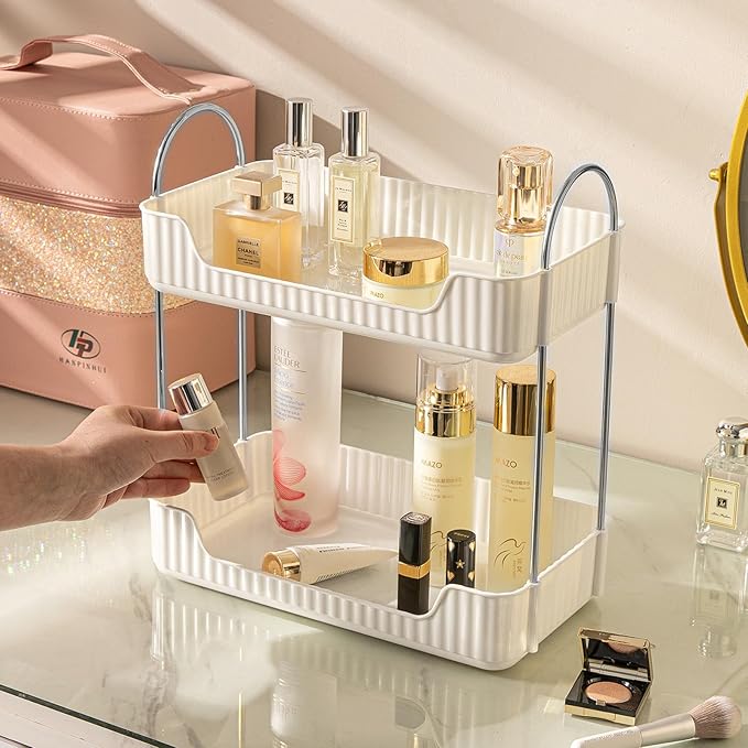 Bathroom Counter Organizer Countertop Storage, Cosmetics Skincare Shelf Organizer, Makeup Organizer Perfume for Dresser Vanity Tray, Spice Rack Organizer for Kitchen(2 Tier-Cream white)