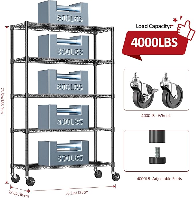 IZEUK Garage Shelving Wide Storage Shelves 5 Tier Metal Shelves 4000 LBS Heavy Duty Adjustable Utility Shelf Rack Black 23.6" D x 53.1" W x 73.6" H