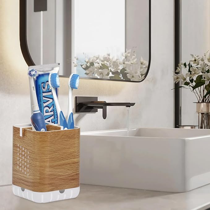 Boperzi Toothbrush Holders for Bathrooms Organizer Countertop, Detachable Anti-Slip Electric Toothbrush Holders for Kids, Toothbrush and Toothpaste Holder Storage Caddy Drainage for Shower Wood Grain