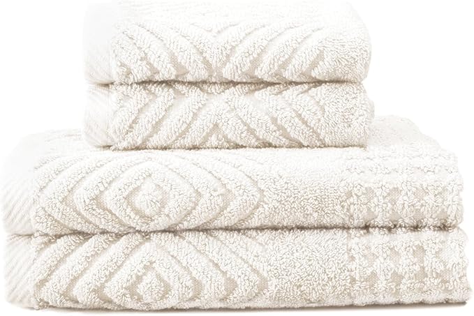 Texere 100% Organic Cotton Diamond Jacquard 700 GSM Luxury Bath Towel Sets - Ultra Soft and Absorbent Hotel and Spa Quality (Diamond, Cream, 2 Hand & 2 Face Towels)