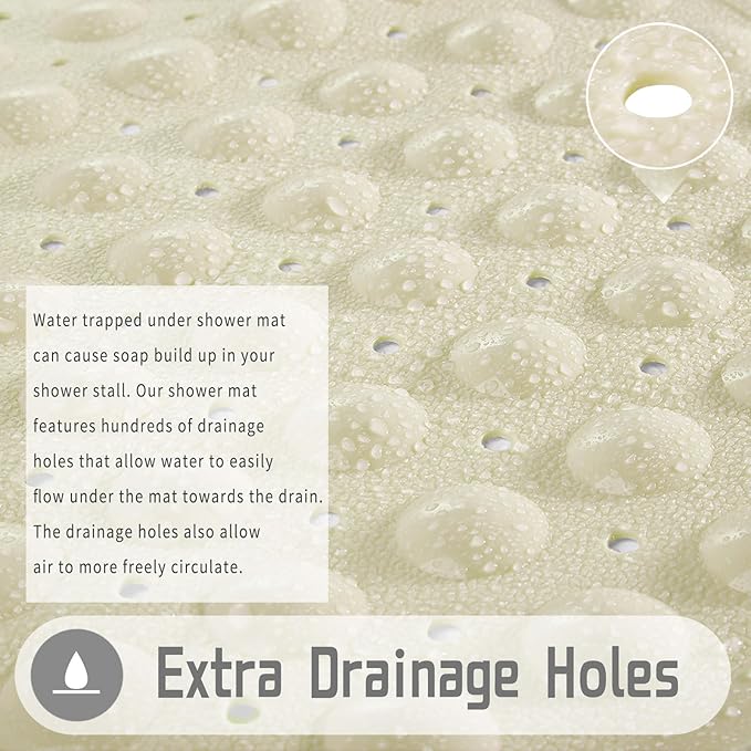 Yimobra Shower Stall Mat Non Slip, 21x21 Inch, Soft Square Bath Mat for Shower with Suction Cups and Drain Holes, Stall Floor Mats for Bathroom, Machine Washable, Bathroom Accessories, Beige