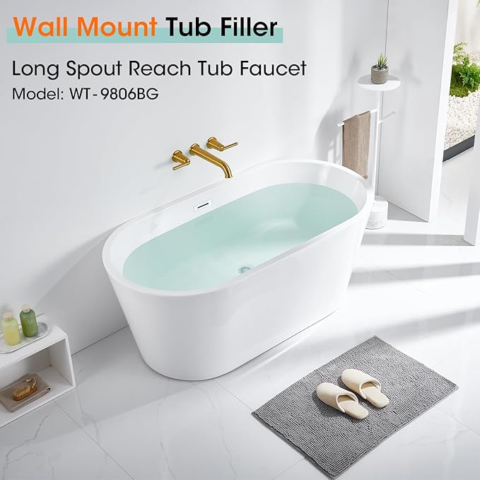 Wall Mount Tub Filler Long Spout Reach Faucet with Rough-in Valve High Flow 2-Handle Brass Roman Bath Faucet Set Brushed Gold (WT-9806BG)