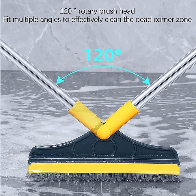 2 in 1 Floor Brush Scrubber with Long Handle Grout Brush 3 Poles 53.5'' New Upgrade Stiff Bristle Cleaning Scrub Brush with Squeegee 120°Rotating Tile Brush for Cleaning Bathroom Glass Patio Kitchen