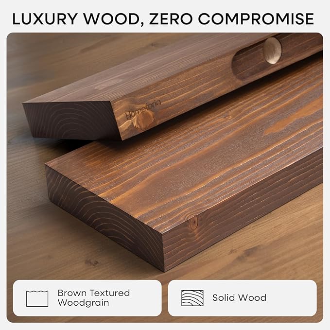 Homeforia Classic Walnut 30 inch Floating Shelf, High End Solid Real Wood Small 30inch Floating Shelves for Wall Mounted, 30in Floating Shelves, Heavy Duty Bracket, 30 X 6.5 X 1.75 inches, Set of 2