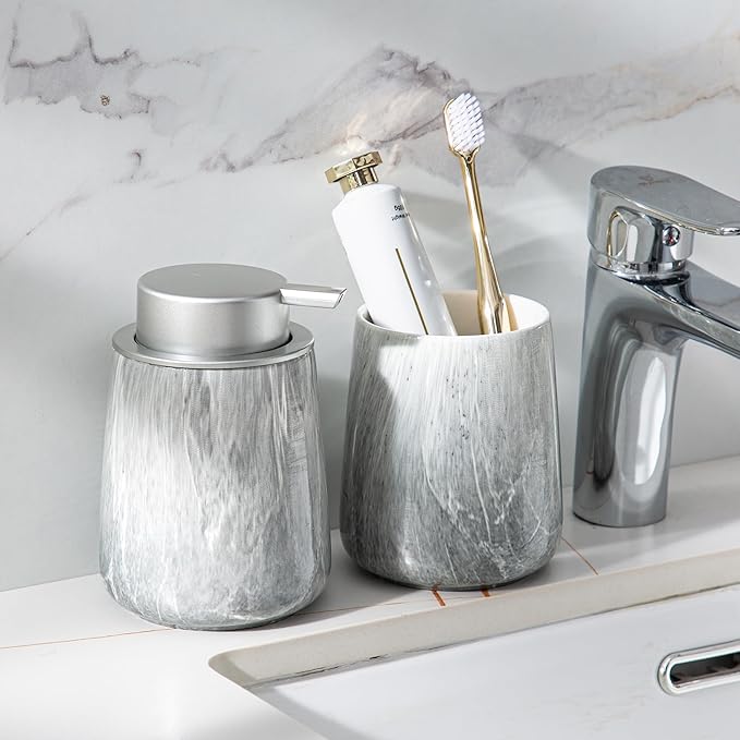 Enra Ceramic Hand Soap Dispenser,12 oz Gray Lotion Dispenser Bathroom Liquid Refillable Dish Soap Dispenser for Bathroom Kitchen with Easy-to-Press Pump (Gray Liquid Type)
