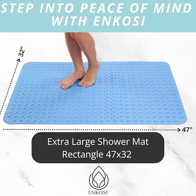 ENKOSI Extra Large Shower Mat Non Slip - 47 x 32 inch - XL Bathroom Shower Mat - Large Shower Matts for Shower Stall Floors - Secure Suction Cups and Drain Holes (47x32 Aqua Blue)