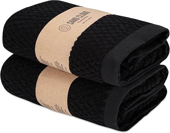 Sand Cloud Turkish Bath Towels for Bathroom, Set of 2 (Atom Black, Large) - Luxury Soft Linen Turkish Organic Cotton is Luxurious & Absorbent - Premium Shower & Bathroom Towels Dry Faster