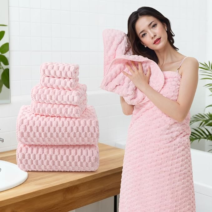 REDKISS Pink Microfiber Bath Towels Set of 6-35x70 Inches Oversized Bath Sheets, Extra Large Bath Towels Set of 6 for Adults, Super Soft Quick Dry Lint Free Absorbent Waffle Microfiber Shower Towels