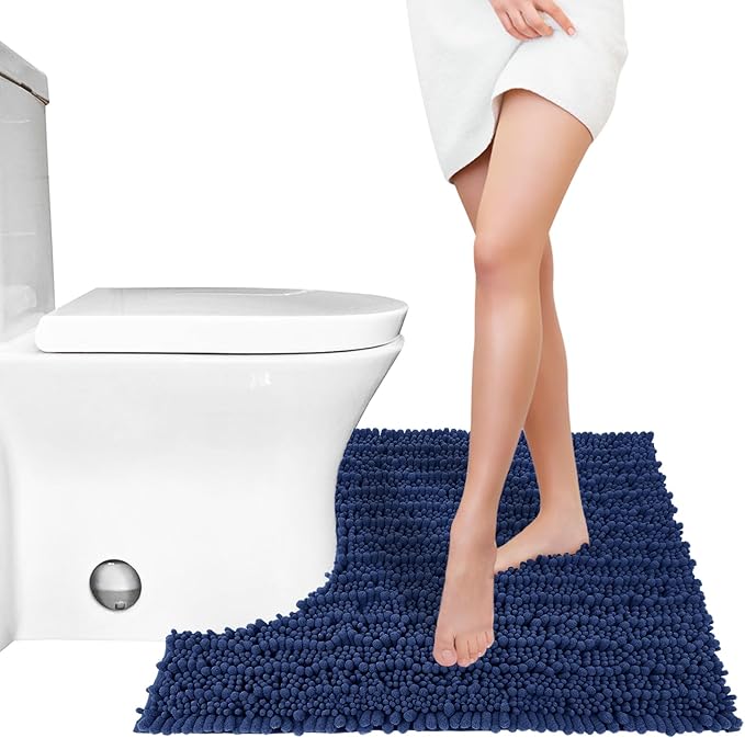 Yimobra Toilet Rug U Shaped Washable 24x20 Inch - Ultra Soft Absorbent Chenille Bath Rugs for Toilet, Quick Dry & Machine Washable, Non Slip Contour Bathroom Mat, Navy Blue