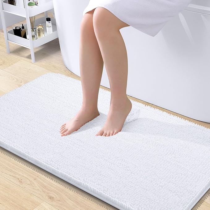 OLANLY Bathroom Rugs 40x24, Extra Soft Absorbent Chenille Bath Rugs, Rubber Backing Quick Dry, Machine Washable Bath Mats for Bathroom Floor, Tub and Shower, Home Decor Accessories, White
