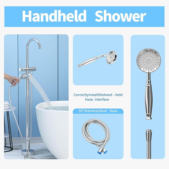 Freestanding Bathtub Faucet,Tub Filler Floor Mount Stand Bathtub Faucet Brass Bathroom Tub Faucets with 2 Function Telephone-Shape Handheld Shower Wand Swivel Polished Chrome
