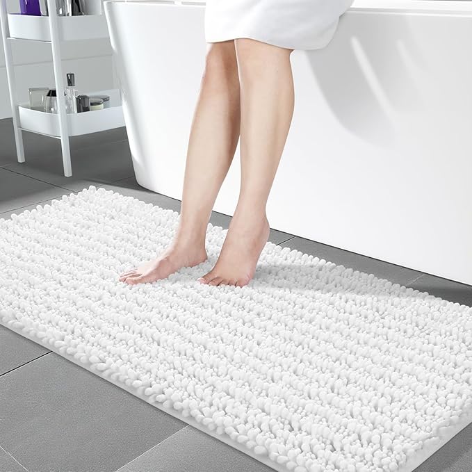 Yimobra Bathroom Runner Rug 60x24 Inch - Extra Long Non Slip Chenille Bath Mat, Soft & Absorbent, Machine Washable Shaggy Hallway Carpet for Vanity Tub Shower, White Home Decor Accessories