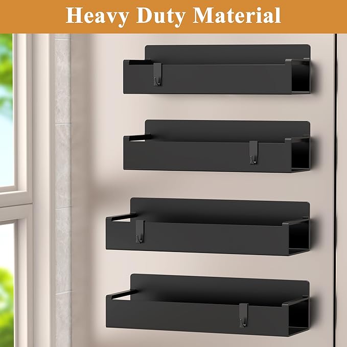 4 Pack Magnetic Spice Rack Organizer for Refrigerator and Oven, Matt Black Fridge Organizers and Storage for Kitchen