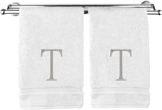 Monogrammed Hand Towel, Personalized Initial Gift, Extra Absorbent 100% Turkish Cotton - Soft Terry Finish - Set of 2 - Silver Block Initial T - Embroidered on White Towels