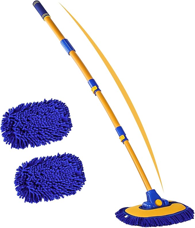 anngrowy 56.7" Car Wash Brush Mop Kit Mitt Sponge with Long Handle Car Cleaning Supplies Kit Tools Car Washing Duster Exterior Scratch Free, Chenille Replacement Head Extension Pole