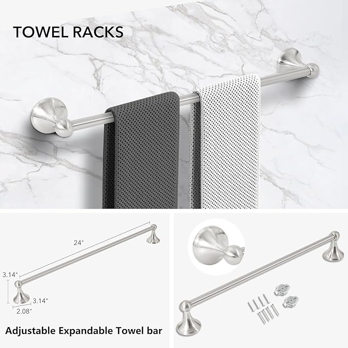 4 Piece Bathroom Hand Towel Holder Set, Adjustable Towel Racks for Bathroom Wall Mounted, Stainless Steel Brushed Nickel Towels Bar, 24 Inch Bath Room Accessories Set