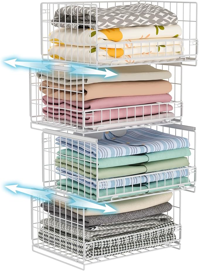 4-Tier Sliding Closet Organizers and Storage Shelves, Stackable Closet Shelf Organizer Basket Bins, Drawer Shelf Storage Container for Wardrobe Cupboard Kitchen Bathroom Office, White