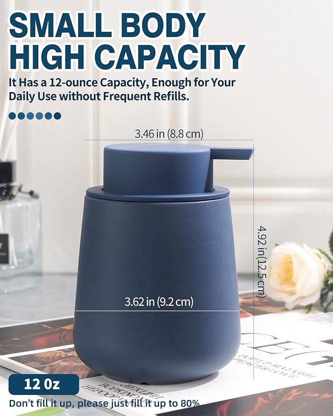 Bosilunlife Soap Dispenser Bathroom - Blue Ceramic Soap Dispenser Lotion Hand Pump Dish Soap Bottle for Kitchen 12oz Refillable Liquid Hand Wash Dispenser for Bathroom
