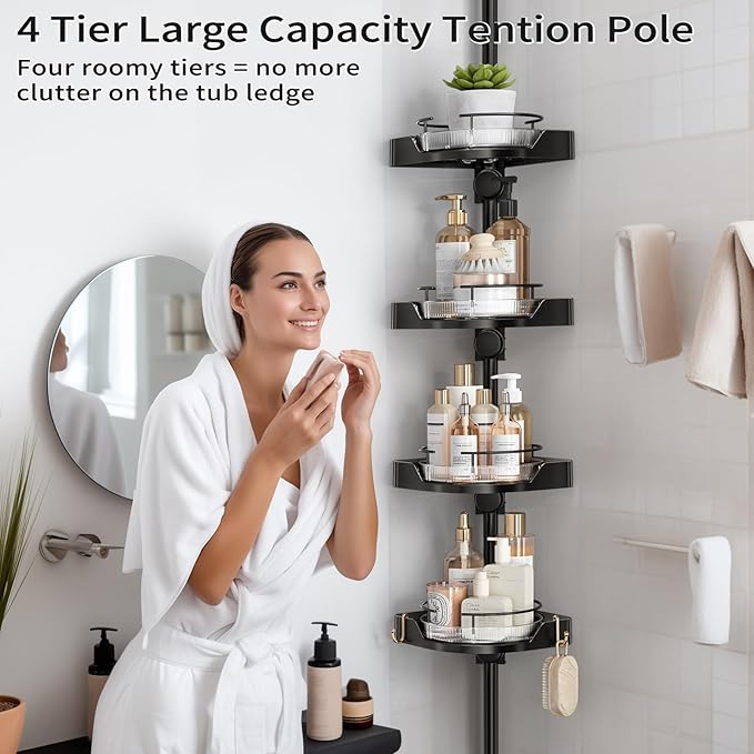 360° Rotating Corner Shower Caddy Tension Pole Organizer - 4-Tier Adjustable Rustproof Metal Pole, Plastic Shelves with Safety Guardrail, Bathroom Storage for Shower & Bathtub(Black)