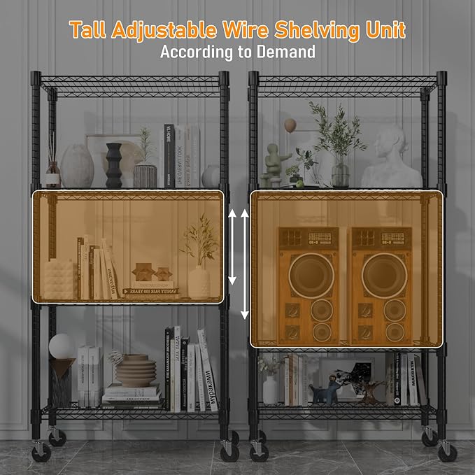 Himimi 72" H Wire Shelving Unit Storage, Metal Storage Shelves with Wheels, Heavy Duty Shelves with 4-Tier Adjustable Layer Rack Strong Steel for Kitchen Pantry Basement, 14" D×30" W×72" H, Black
