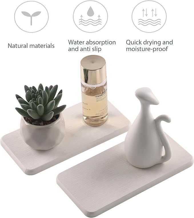 2 Pcs Water Absorbing Stone Trays, Kitchen/Bathroom Sink Soap Dish, Diatomite Tray Used for Hand Soap & Cosmetic Bottles in The Modern Home, 3.5" W x 7.1" L, White
