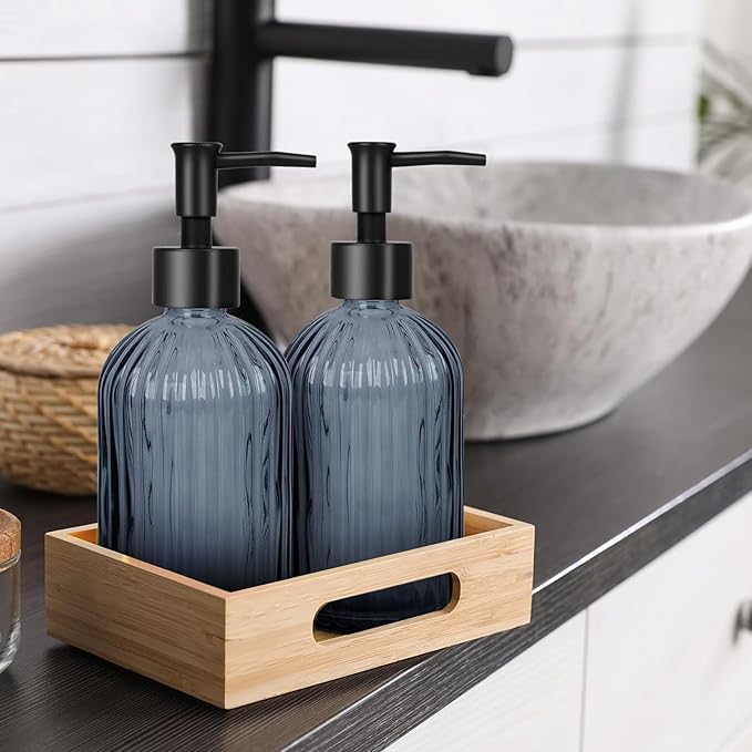 Glass Soap Dispenser with Plastic Pump, Hand Soap Dispenser for Hand Wash, Lotion Dispenser for Dishwashing Liquid, Lotion Shower Gel (Striped Blue Grey)