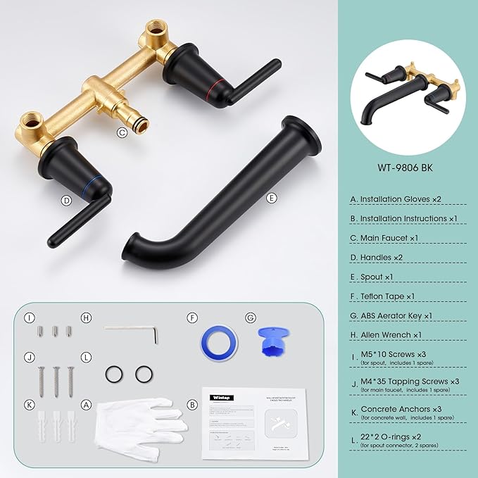 Wall Mount Tub Filler Tub Faucet with Rough-in Valve High Flow Tub Faucets 2-Handle Wall Mounted Bathtub Faucet Brass Roman Bath Tub Faucet Set Matte Black (WT-9806BK)