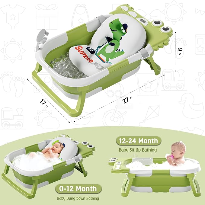 MoreFeel Collapsible Baby Bathtub for Newborn with Thermometer & 1 Hooded Towel & 1 Soft Floating Cushion,Portable Travel Bathtub with Drain Hole, Durable Foldable Baby Tubs for Infants to Toddler