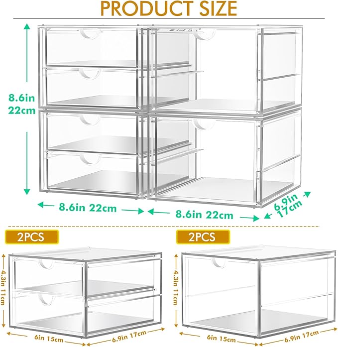 Acrylic Makeup Organizer, 4 Pack Drawer Organizer - Transparent Desktop Storage for Cosmetics, Office Supplies & More - Clear Organizers for Home & Office Use