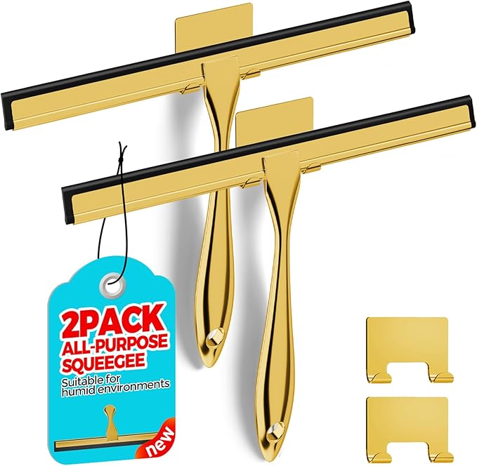 2PACK 12-Inch Golden All-Purpose Shower Squeegee for Shower Doors, Bath Linen Sets, Tile Shower Walls, Bathroom, Window, Glass and Car Windshield, Mirrors and Kitchen-Stainless Steel